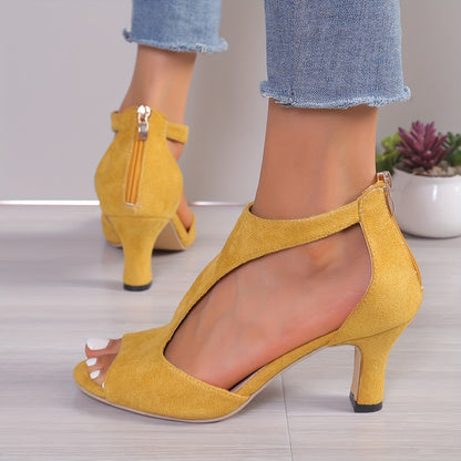 Chunky Heel Women's High Heels, Peep Toe T-strap Back Zipper Sandals, Fashion Black Shoes