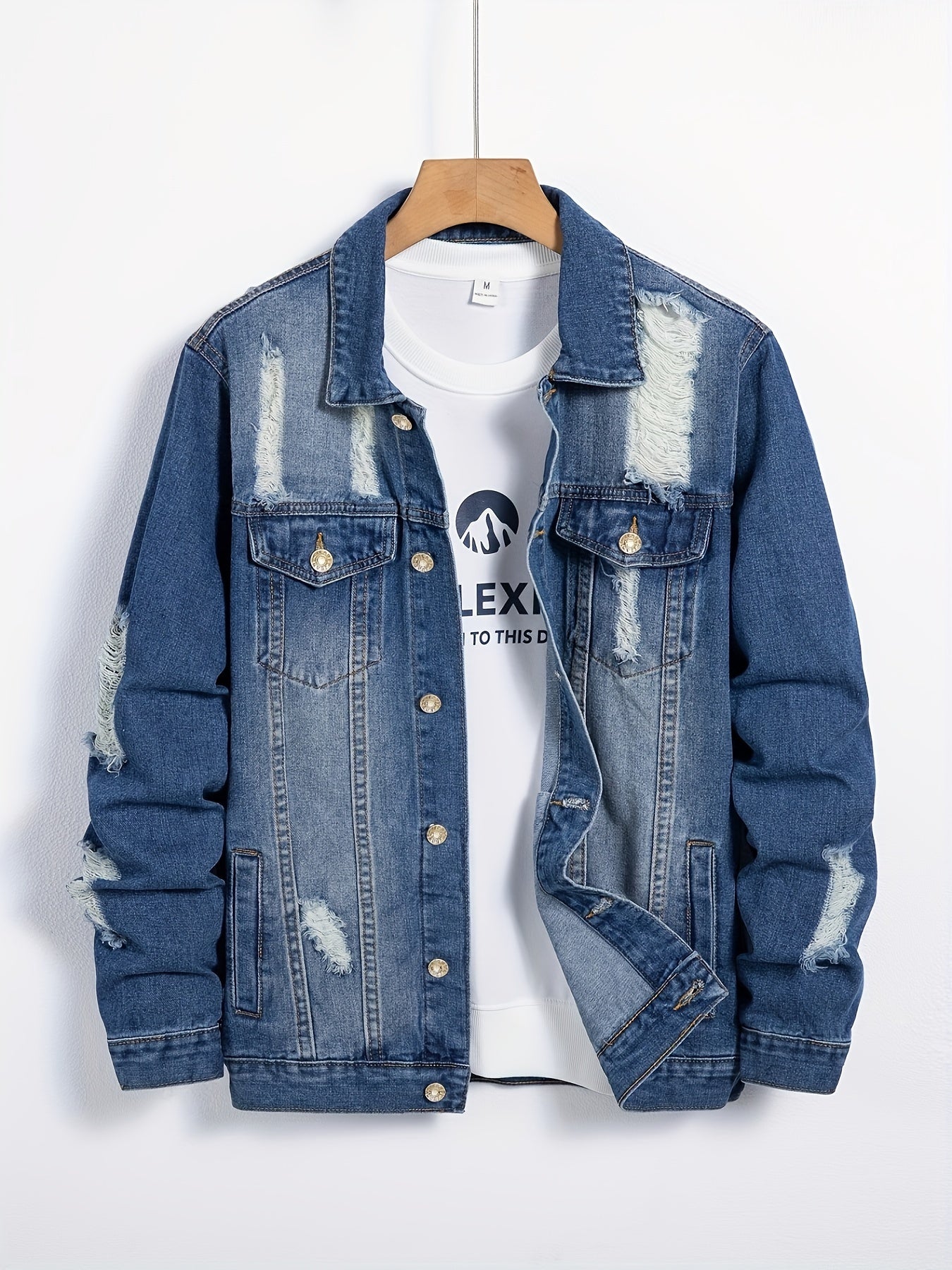Men's Ripped Denim Jacket with Multiple Pockets, Casual Street Style Denim Jacket