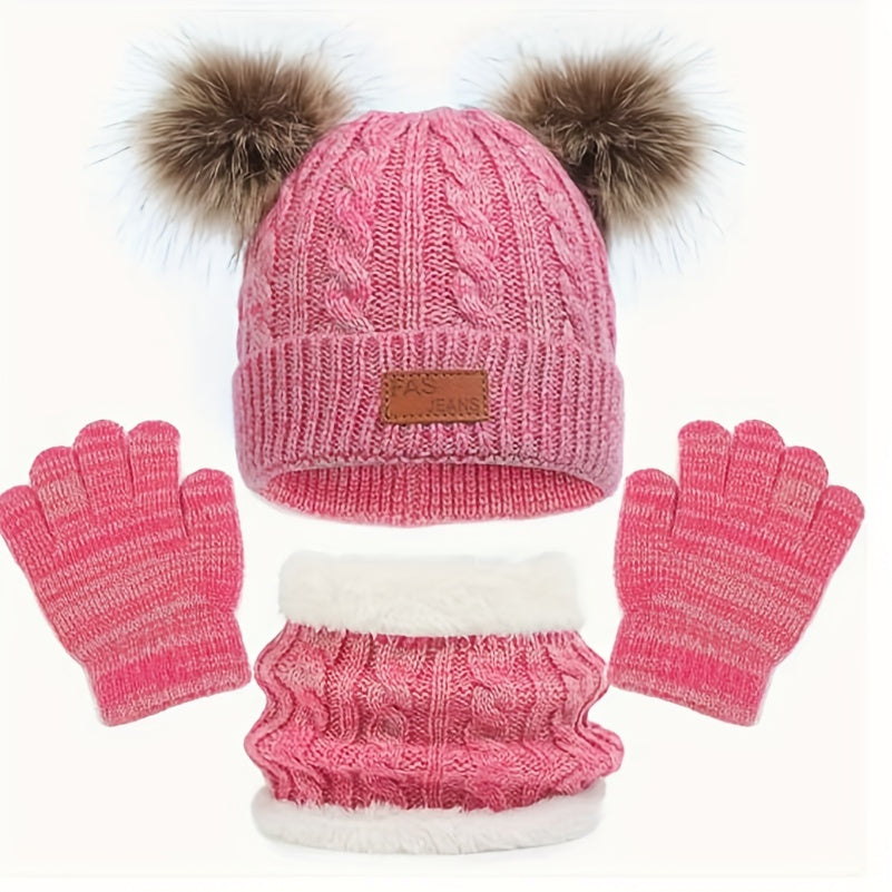 3pcs/set Winter Children's Warm Plus Velvet Scarf Baby Knitted Hat Hat Gloves For 2-8 Years