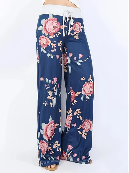 Plus Size Floral Print High Rise Drawstring Long Pants, Women's Plus Slight Stretch Loose Casual Pants
