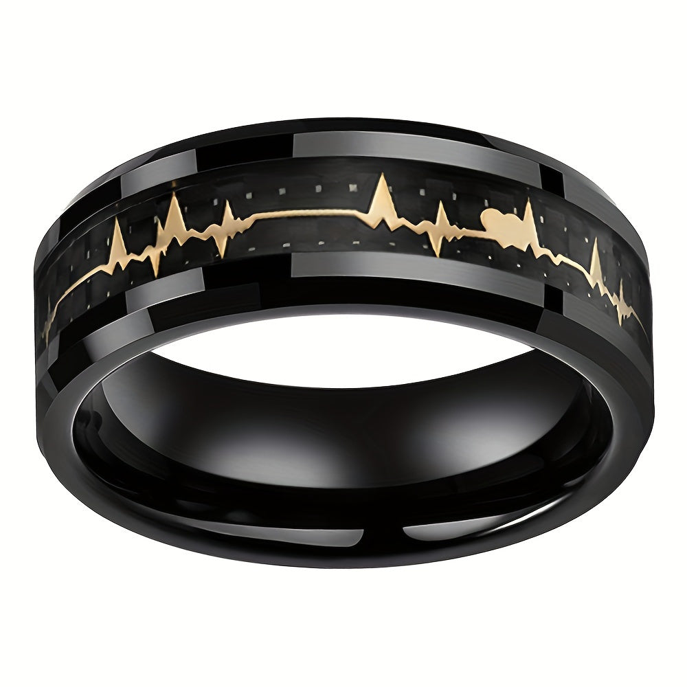 New Tungsten Steel Ring, Black Ring With Pattern Of Golden ECG, Couple Ring, High-Quality Black Tungsten Ring For Men, Fashion Engagement Wedding Band