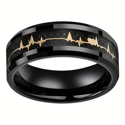 New Tungsten Steel Ring, Black Ring With Pattern Of Golden ECG, Couple Ring, High-Quality Black Tungsten Ring For Men, Fashion Engagement Wedding Band