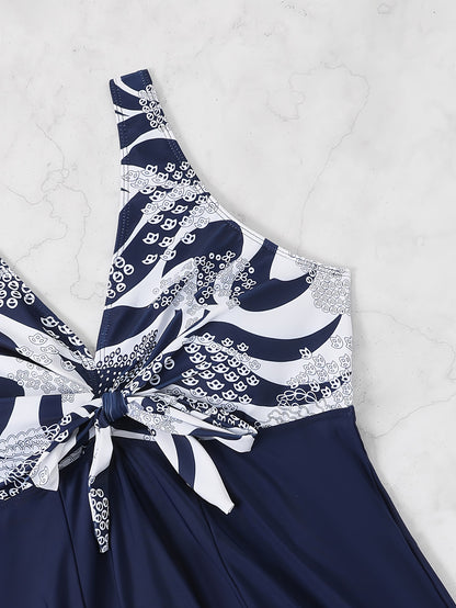 Plus Size Womens Vibrant Floral Print Tie Front V Neck One Piece Swimsuit - High Stretch, Comfortable, Vacation Essential - Polyester Knit Fabric, Random Printing, No Sheer