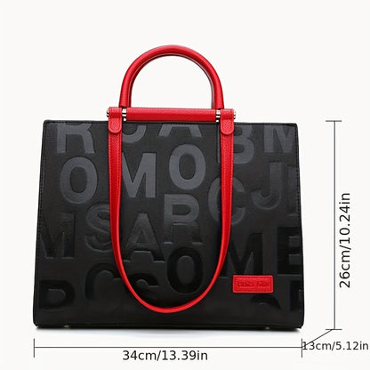 Classic Letter Embossed Tote Bag, Colorblock Shoulder Bag, All-Match Satchel Bag For Work