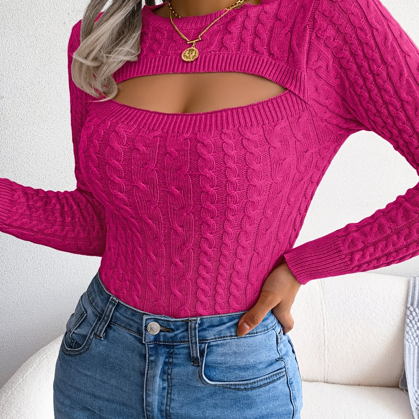 Long Sleeve High Stretch Acrylic Blend Women's Sexy Hollow-Out Knit Pullover Sweater, Skinny Fit, Solid Color, Spring/Fall Fashion Top, Crew Neck, Polyester 28%, Polyamide 22%, Viscose 28%