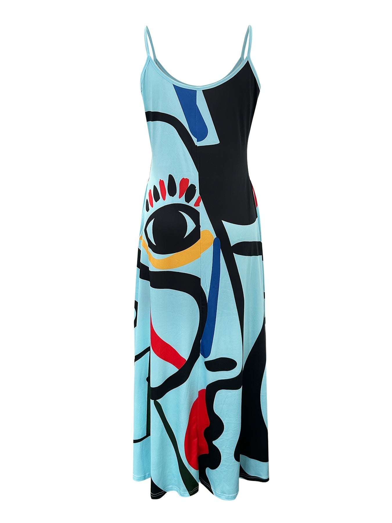 Flowing Maxi Sundress - Vibrant Abstract Art Print - Breezy Spaghetti Straps - Versatile Summer Attire for Women