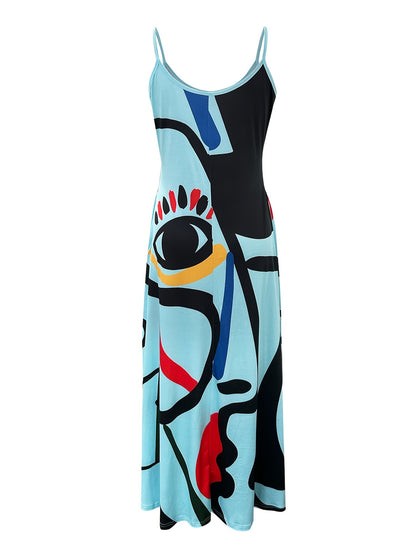Flowing Maxi Sundress - Vibrant Abstract Art Print - Breezy Spaghetti Straps - Versatile Summer Attire for Women