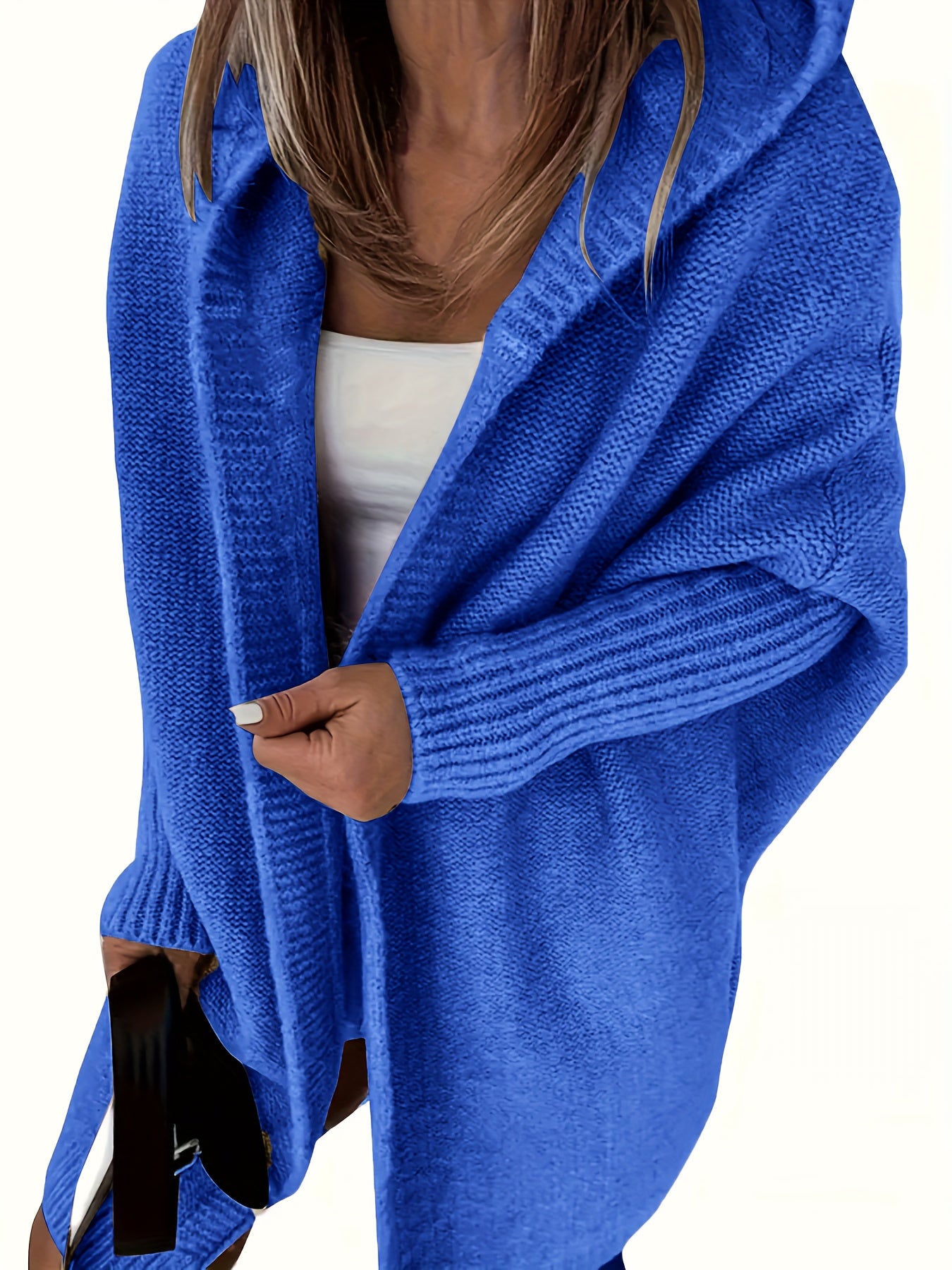 Plus Size Casual Cardigan, Women's Plus Solid Stitching Long Sleeve Hooded Open Front Slight Stretch Sweater Cardigan