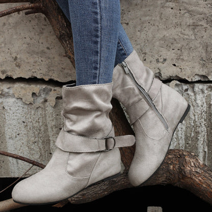 Womens Classic Solid Color Ankle Boots with Round-Toe Design - Fashion Buckle Belt & Side Zipper Closure - Ultra-Comfortable Outdoor Shoes for Stylish Adventures