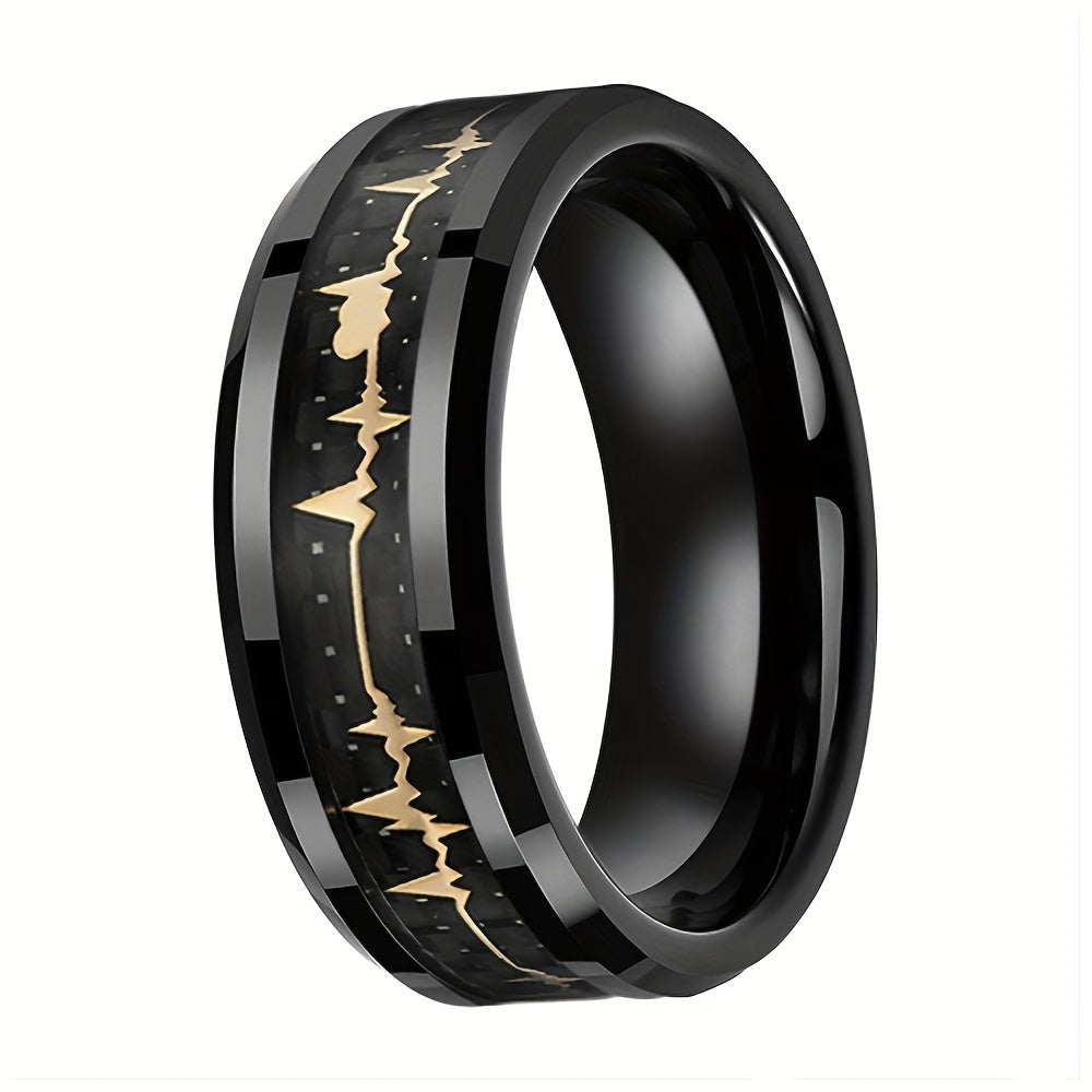 New Tungsten Steel Ring, Black Ring With Pattern Of Golden ECG, Couple Ring, High-Quality Black Tungsten Ring For Men, Fashion Engagement Wedding Band