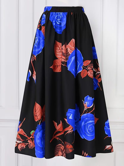 Plus Size Elegant Skirt, Women's Plus Floral Print Elastic High Rise Slight Stretch A-line Maxi Skirt