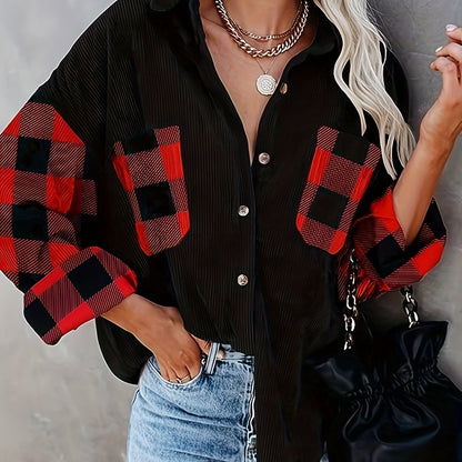 Plaid Print Splicing Shirt, Casual Button Front Long Sleeve Shirt, Women's Clothing