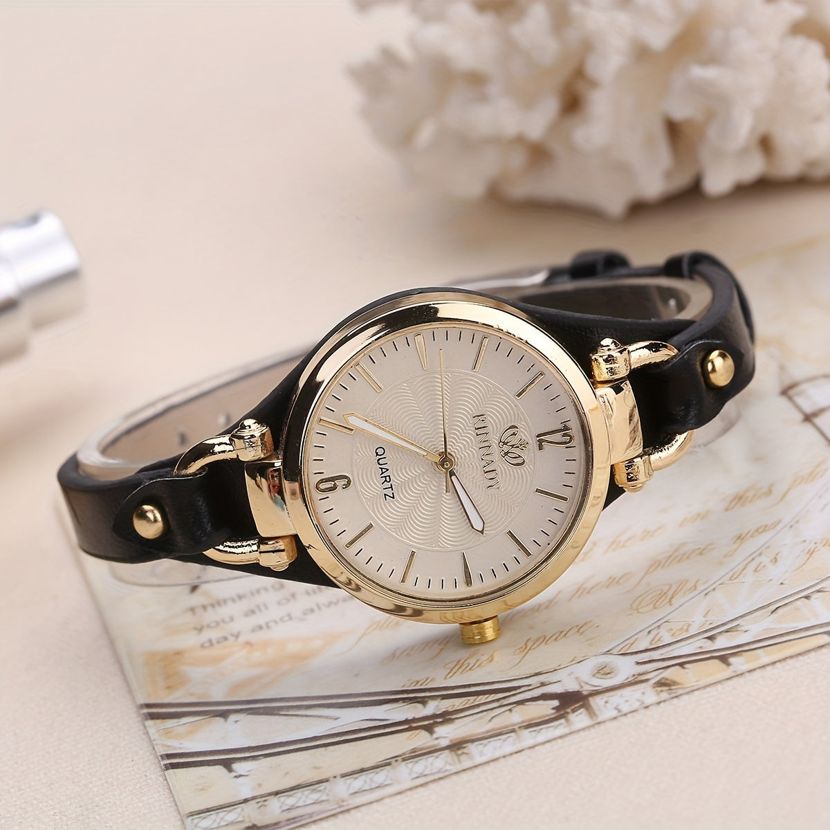 Elegant Quartz Ladies Watch - Boho Chic Leather Strap, Japanese Movement, Shock-Resistant with Stud Embellishments