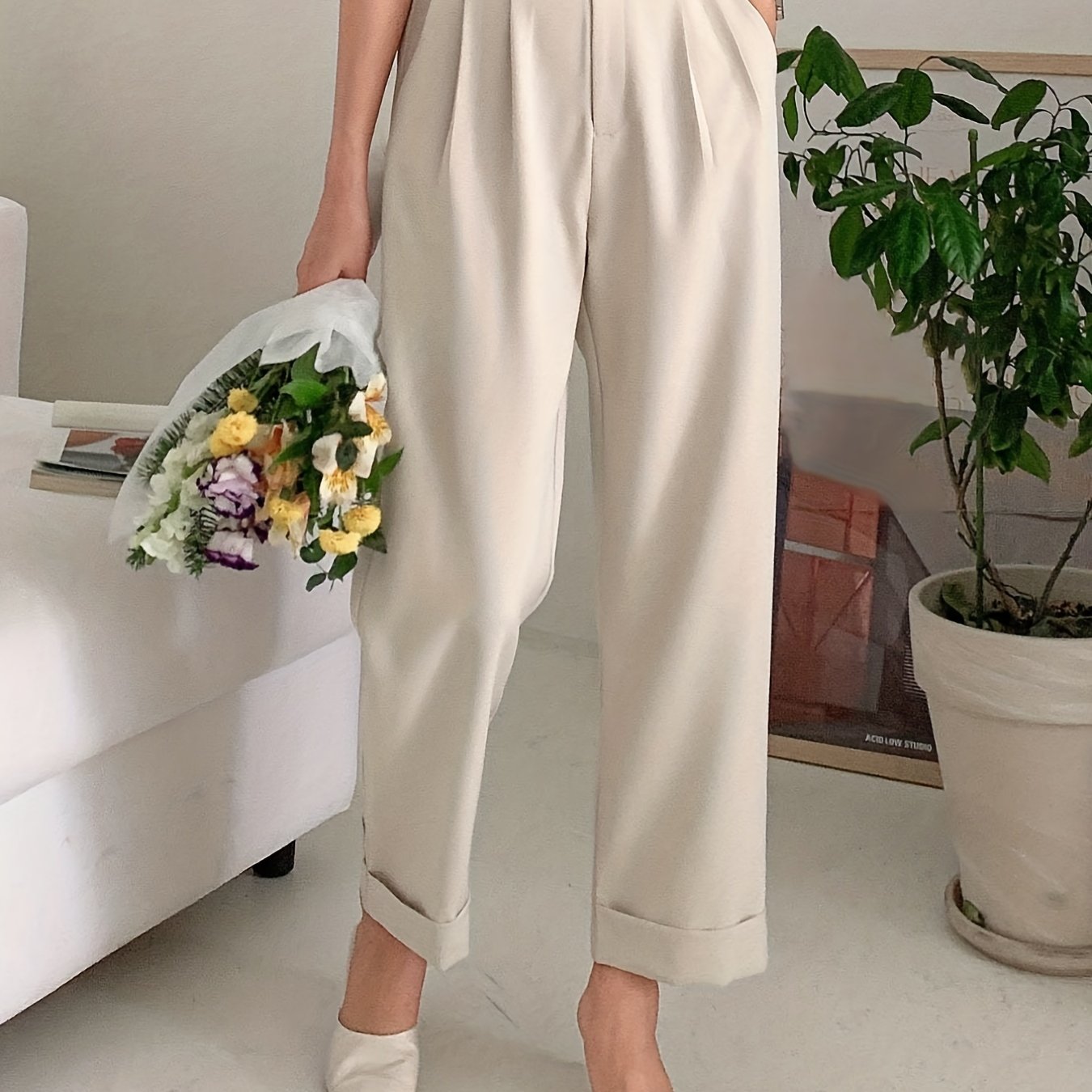 Chic Solid High Waist Pleated Pants - Flattering Draped Design, Straight Leg, Casual Style - Perfect for Womens Wardrobe