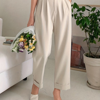 Chic Solid High Waist Pleated Pants - Flattering Draped Design, Straight Leg, Casual Style - Perfect for Womens Wardrobe
