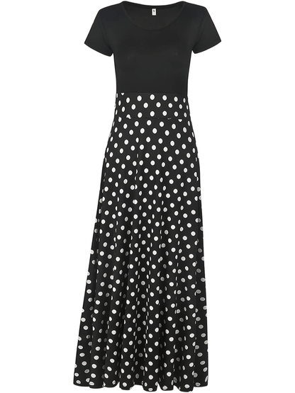 Floral Printed Crew Neck Pendulum Maxi Dress - Elegant Short Sleeve Slim Waist Pleated Design, Micro Elastic Polyester Knit Fabric, Random Printing for Womens All-Season Elegant Dressing