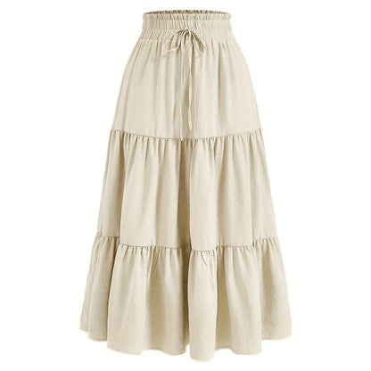 Solid Tie Waist Tiered Skirt, Casual Elastic Waist Skirt For Spring & Fall, Women's Clothing