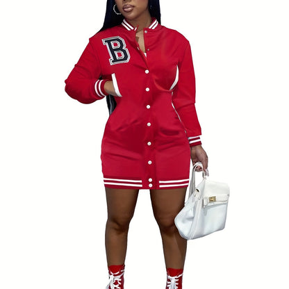 Womens Chic Letter Pattern Mini Dress - Versatile Button Front, Long Sleeve Slim Fit - Stylish Everyday Clothing
