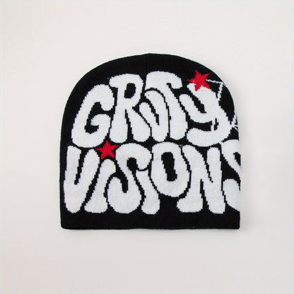 1pc Men's Funky "GRU VISION" Spider Web Knit Beanie - 100% Acrylic, Trendy Letter & Star Design in Multiple Colors, Soft & Stretchy Fabric for Casual Attire