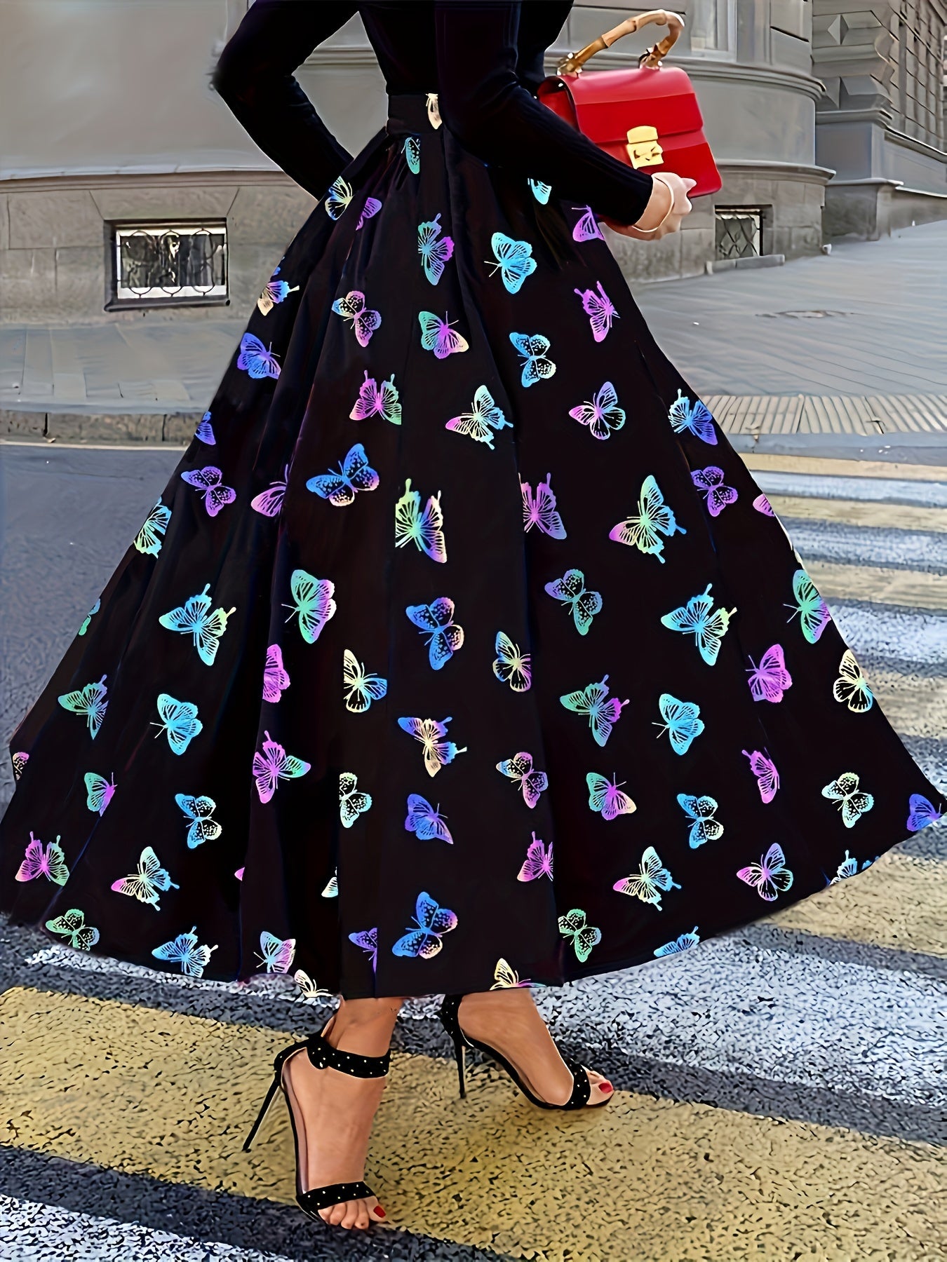 Plus Size Elegant Skirt, Women's Plus Floral Print Elastic High Rise Slight Stretch A-line Maxi Skirt