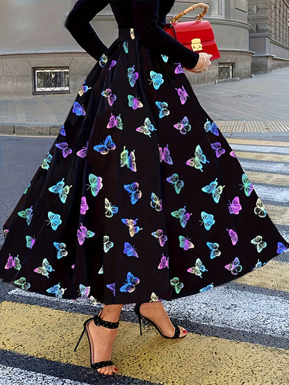 Plus Size Elegant Skirt, Women's Plus Floral Print Elastic High Rise Slight Stretch A-line Maxi Skirt