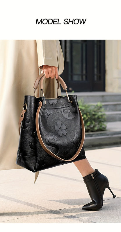Classic Elegant Flower Embossed Satchel Handbag, Fashionable All-Match Bag For Work