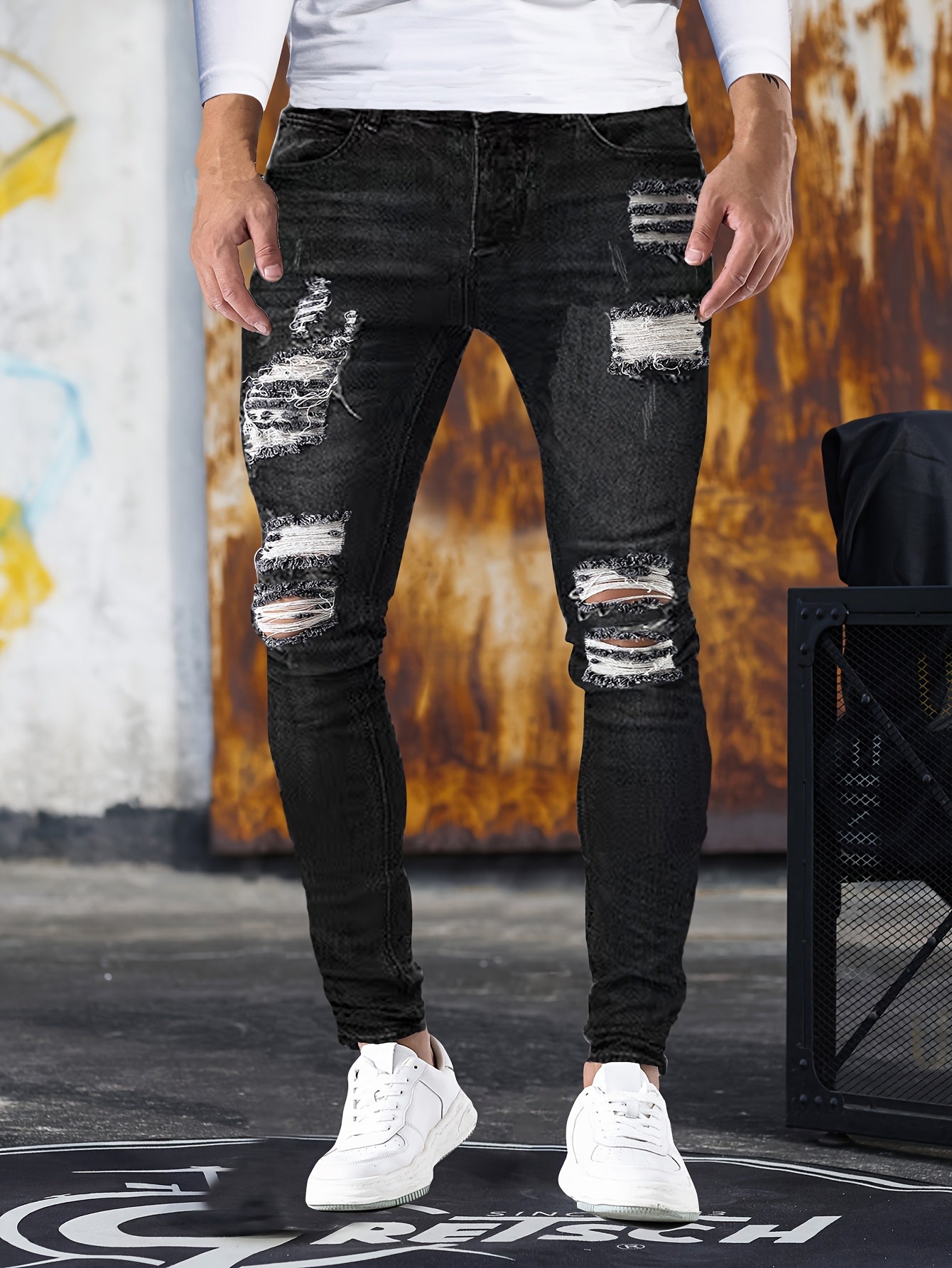 Slim Fit Ripped Jeans, Men's Casual Street Style Distressed Medium Stretch Denim Pants