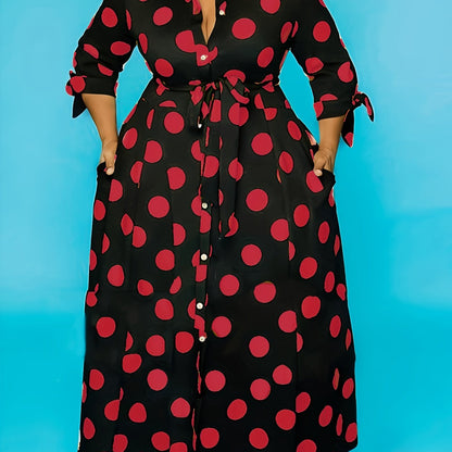 Elegant Plus Size Polka Dots Print Maxi Dress - Women's Button Up Collared Belted