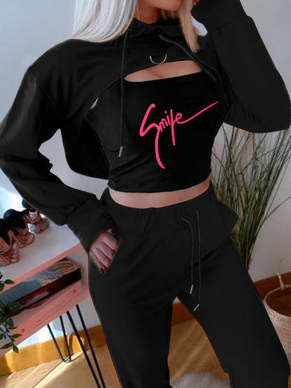Three-Piece Bodycon Pantsuit Set - Women's Casual Drawstring Hooded Crop Top, Smile Letter Print Tank Top, and Long Length Pants Outfit with Relaxed Fit and Soft Fabric