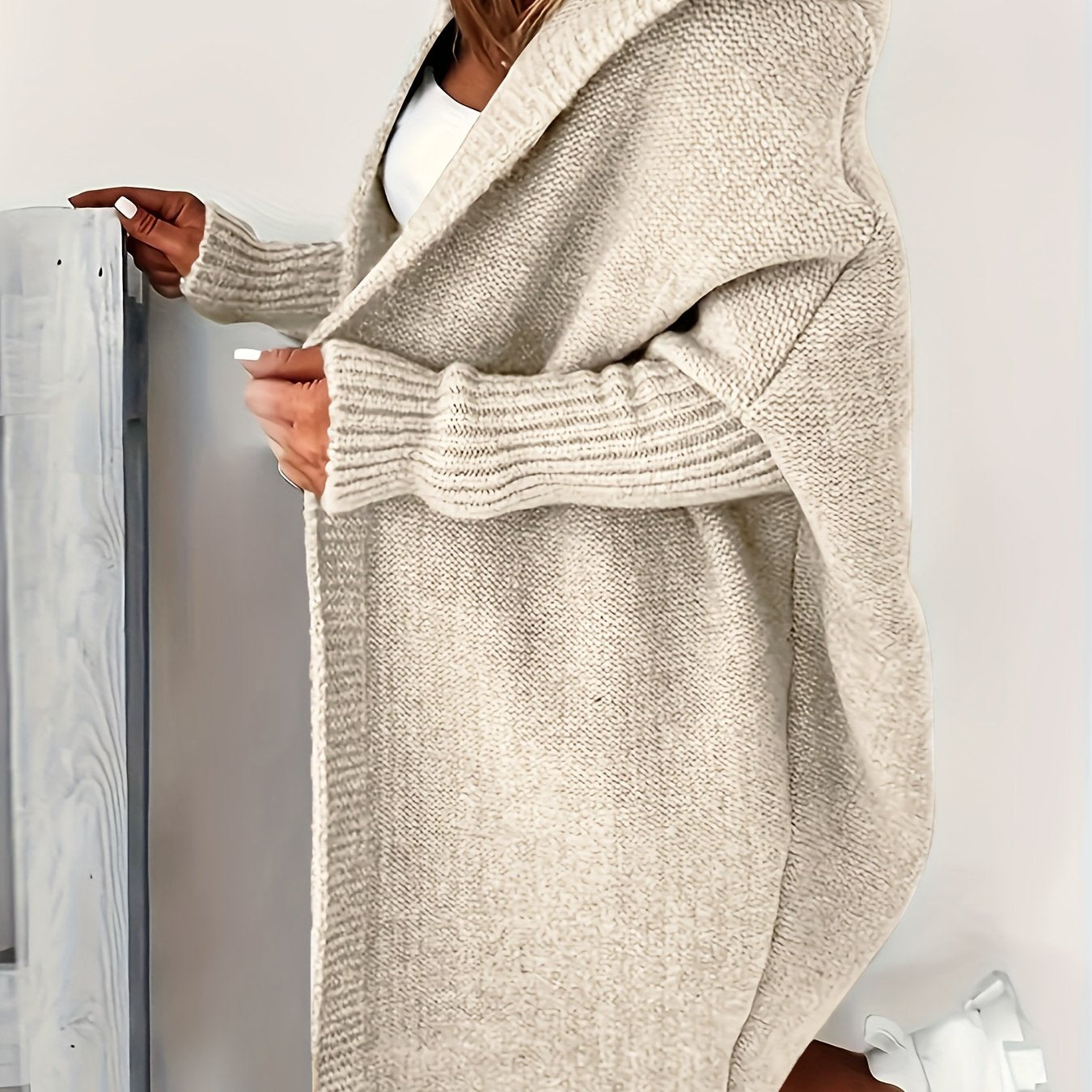 Plus Size Casual Cardigan, Women's Plus Solid Stitching Long Sleeve Hooded Open Front Slight Stretch Sweater Cardigan