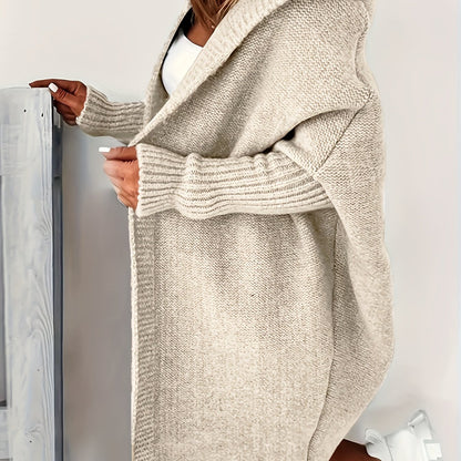 Plus Size Casual Cardigan, Women's Plus Solid Stitching Long Sleeve Hooded Open Front Slight Stretch Sweater Cardigan