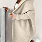 Plus Size Casual Cardigan, Women's Plus Solid Stitching Long Sleeve Hooded Open Front Slight Stretch Sweater Cardigan