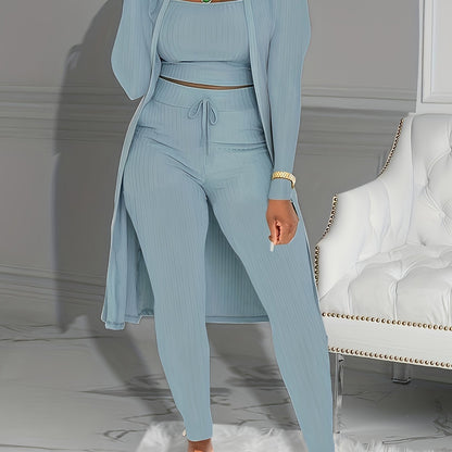 Casual Ribbed 3pcs Set, Crop Tank Top + High Waist Drawstring Pants + Longline Cardigan Outfits, Women's Clothing