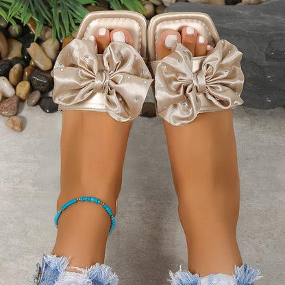 Fashionable Bowknot Slide Sandals - Solid Color Square Toe, Slip-On & Non-slip - Ultra-Flat, Lightweight for Effortless Summer Beach Wear