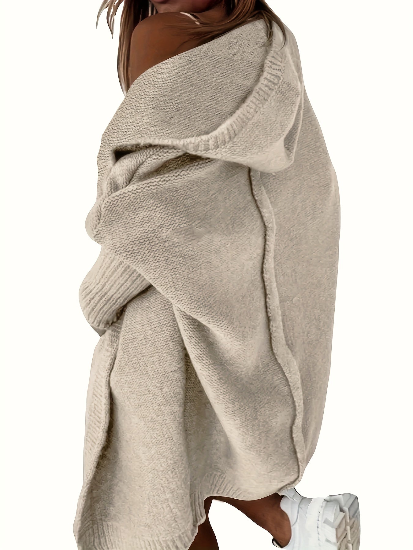 Plus Size Casual Cardigan, Women's Plus Solid Stitching Long Sleeve Hooded Open Front Slight Stretch Sweater Cardigan