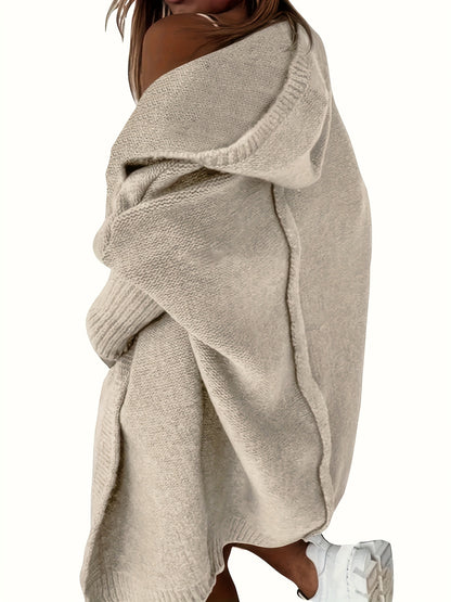 Plus Size Casual Cardigan, Women's Plus Solid Stitching Long Sleeve Hooded Open Front Slight Stretch Sweater Cardigan