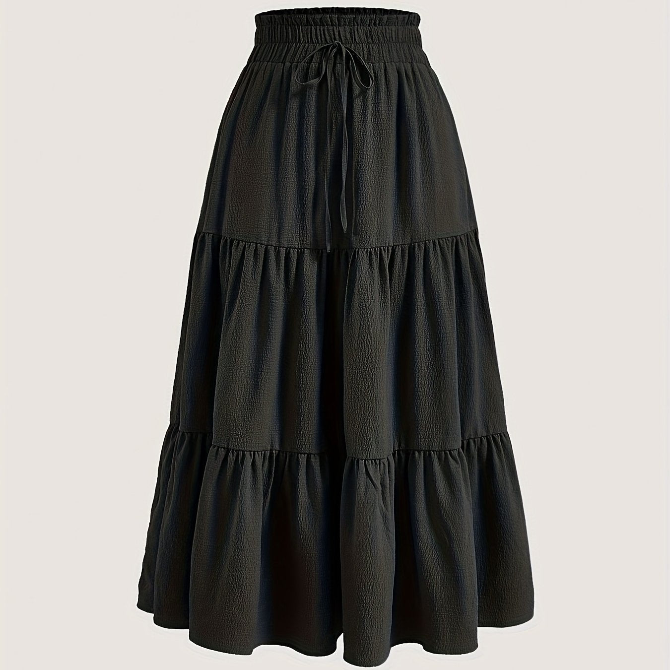 Solid Tie Waist Tiered Skirt, Casual Elastic Waist Skirt For Spring & Fall, Women's Clothing