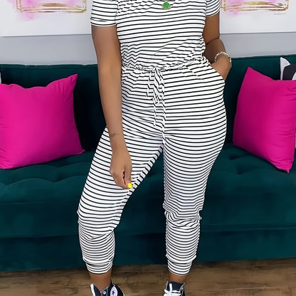 Striped Off Shoulder Drawstring Jumpsuit, Casual Short Sleeve Slim Jumpsuit For Spring & Summer, Women's Clothing