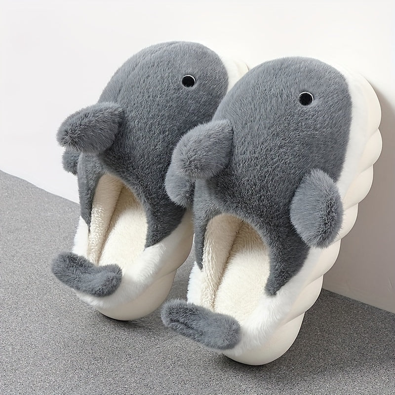 Men's Casual Cute Shark Design Slippers, Non-slip Warm Plus Fleece Home Shoes for Autumn And Winter, Thick Sole, Plush, Couple, ASIFN
