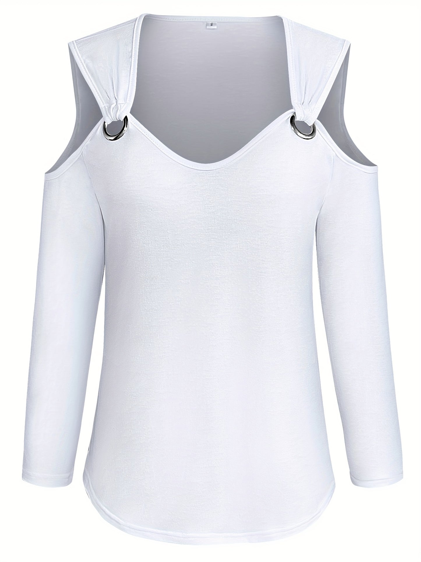 Solid Ring Detail Crew Neck T-Shirt, Casual Cold Shoulder Long Sleeve Top For Spring & Fall, Women's Clothing