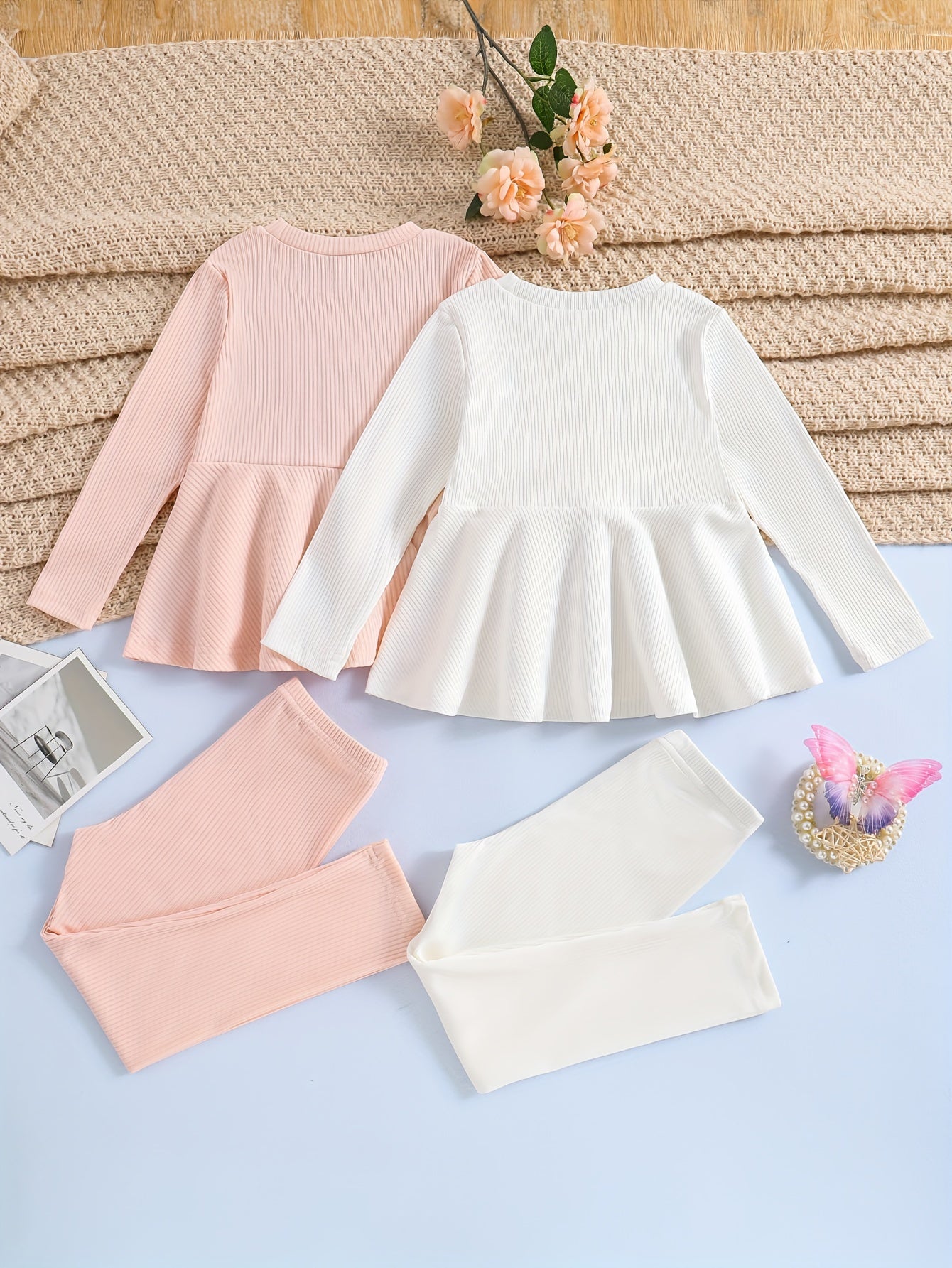 2 Sets Girl's Ribbed Outfit, Peplum Top & Pants Set, Casual Toddler Kid's Clothes For Spring Fall