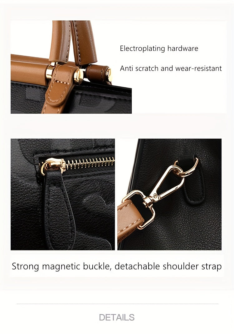 Classic Letter Embossed Tote Bag, Colorblock Shoulder Bag, All-Match Satchel Bag For Work
