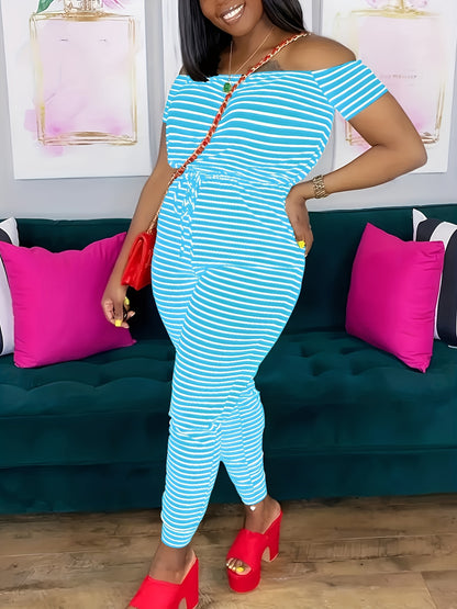 Striped Off Shoulder Drawstring Jumpsuit, Casual Short Sleeve Slim Jumpsuit For Spring & Summer, Women's Clothing