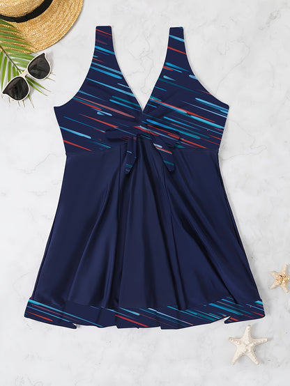 Plus Size Womens Vibrant Floral Print Tie Front V Neck One Piece Swimsuit - High Stretch, Comfortable, Vacation Essential - Polyester Knit Fabric, Random Printing, No Sheer