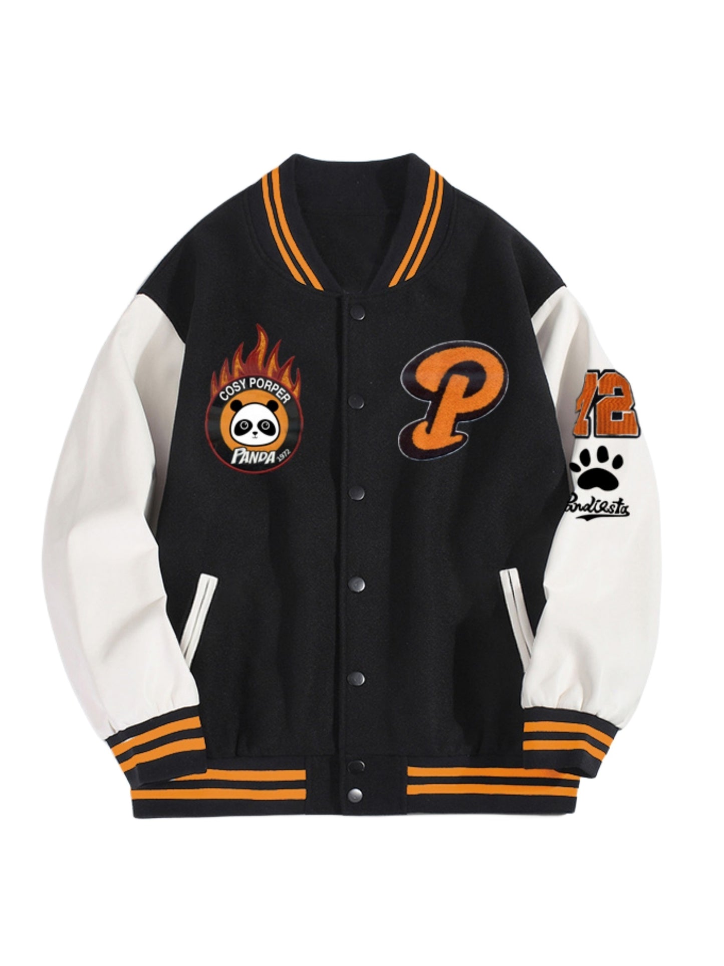 Mens Panda Embroidered Varsity Jacket - Stylish Color Block, Button Up for Spring/Fall - Handcrafted Design, Perfect for School or Casual Wear
