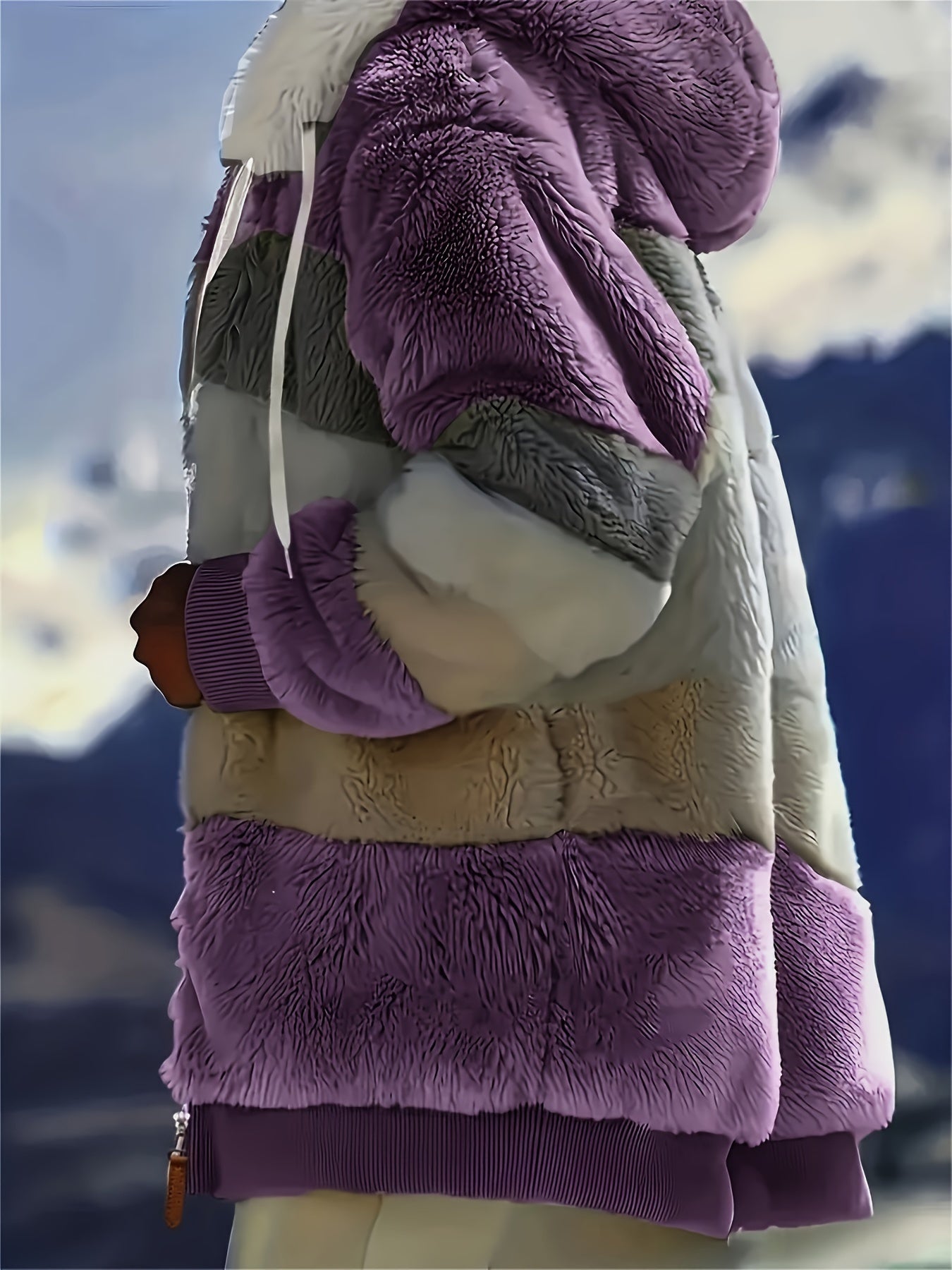 Ultra-Soft Color Block Fuzzy Hooded Coat - Stylish Winter Warm Outerwear with Full-Length Sleeves - Perfect for Casual Wear - Womens Clothing