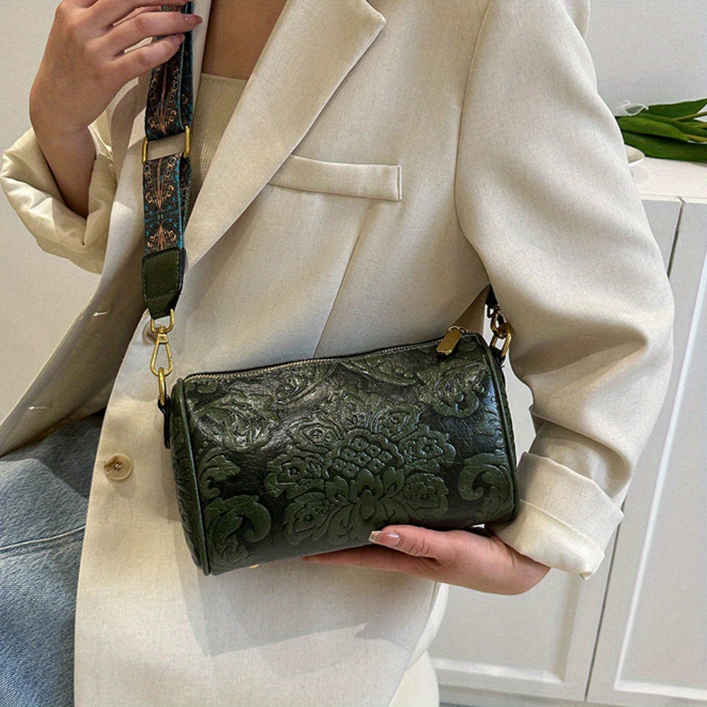 Boho-Chic Floral Embossed Crossbody & Shoulder Bag for Women | Elegant Retro Charm with Secure Zipper Closure, Perfect for Every Occasion