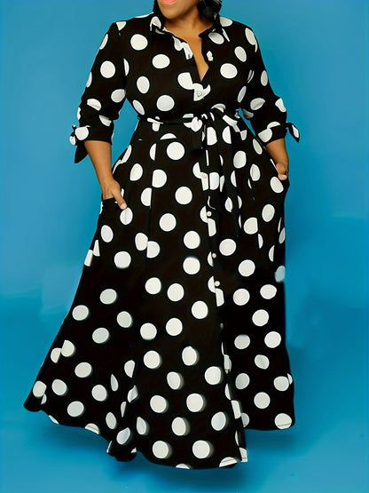 Elegant Plus Size Polka Dots Print Maxi Dress - Women's Button Up Collared Belted