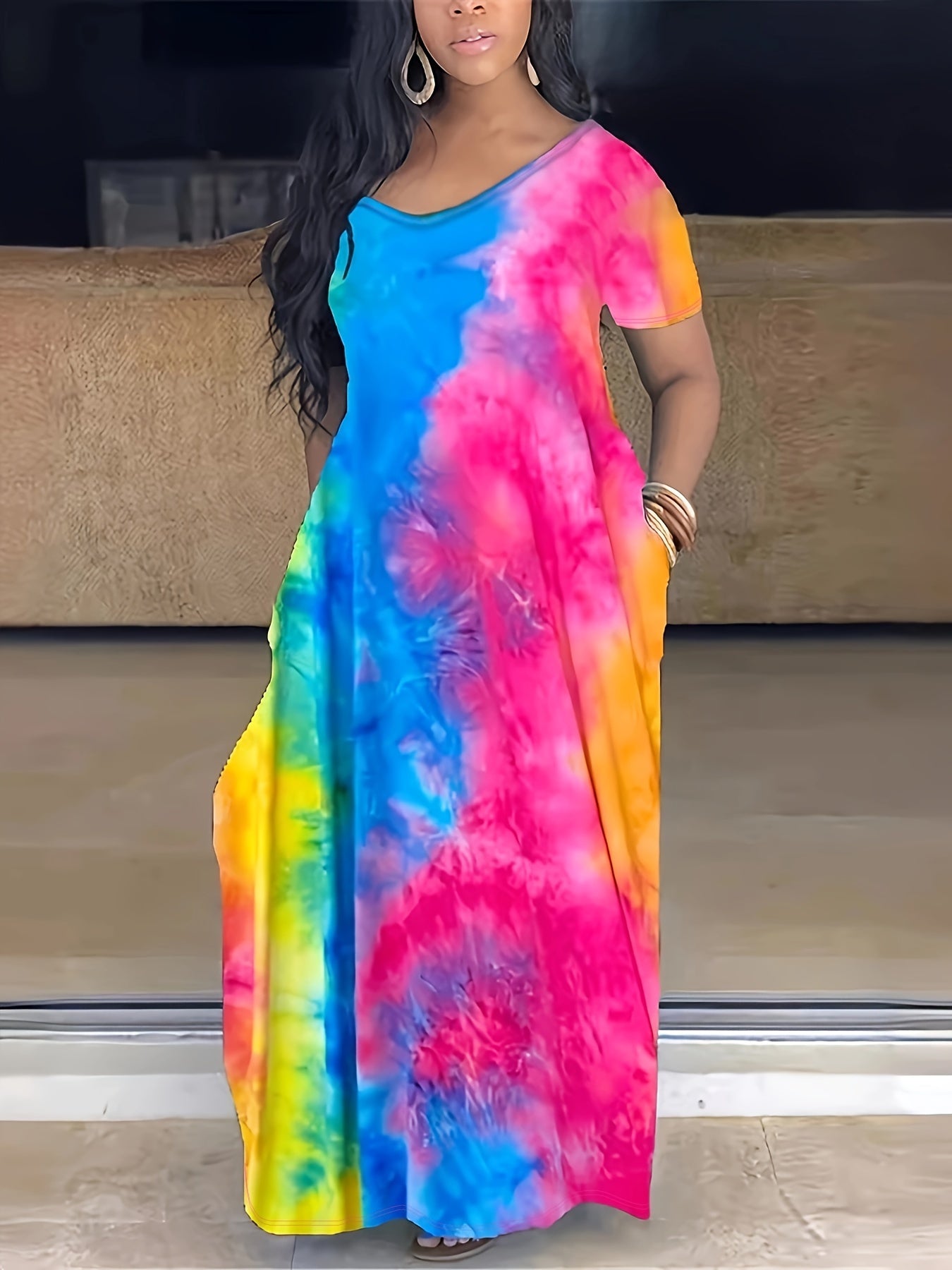 [Tie Dye Maxi Dress] Elegant Plus Size Maxi Dress | Women's Tie Dye Print Short Sleeve with Pocket, Medium Stretch Long Dress