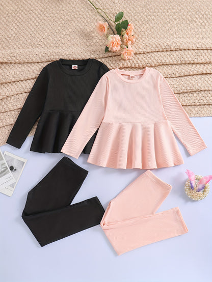 2 Sets Girl's Ribbed Outfit, Peplum Top & Pants Set, Casual Toddler Kid's Clothes For Spring Fall